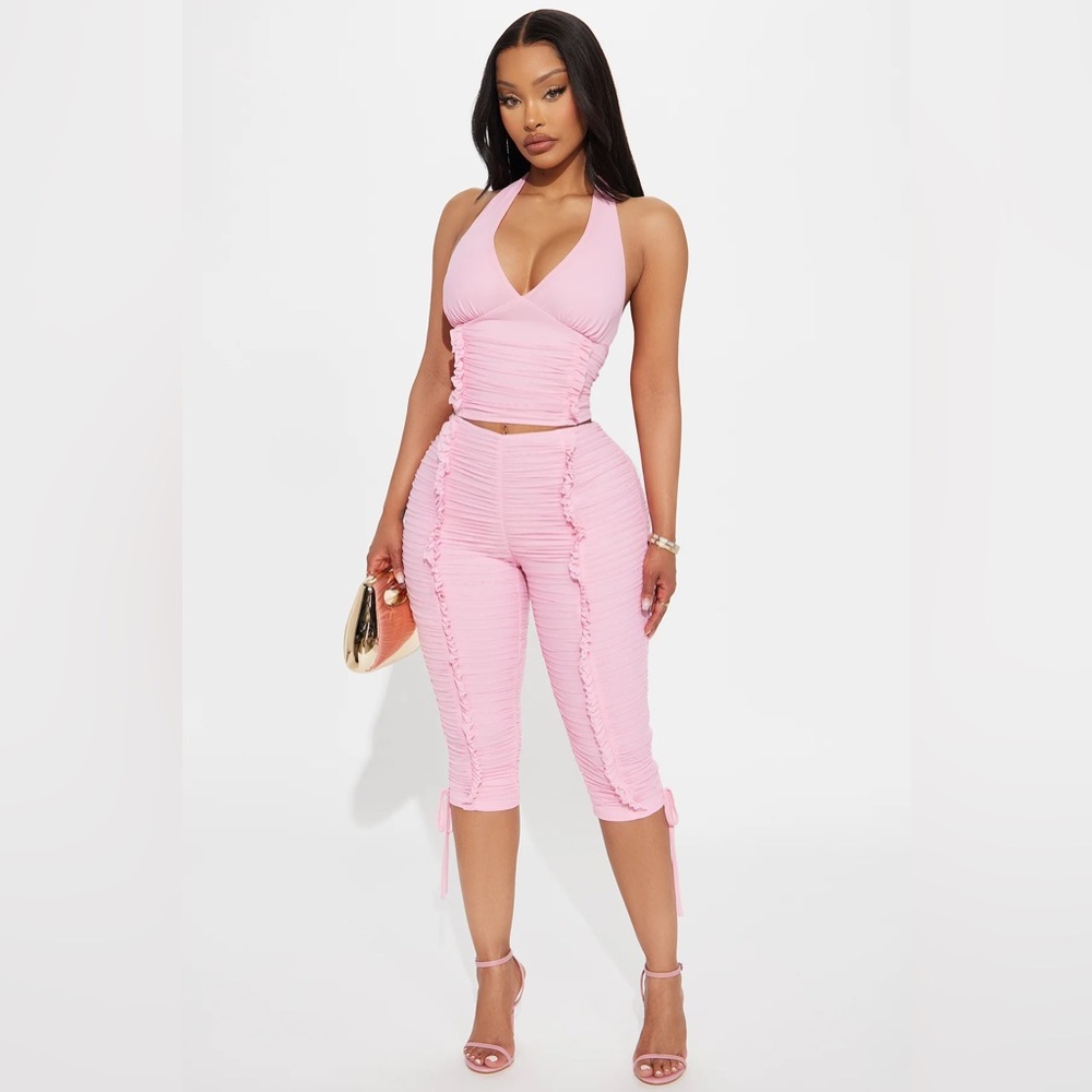 Pink Ruched Halter Two Piece Set